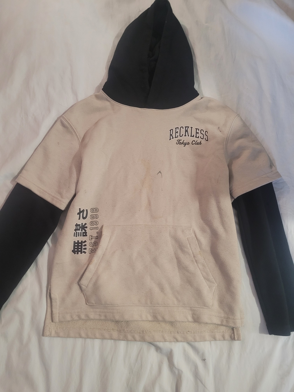 Heavily Stained Tokyo Club Kids Layered Hoodie - Black & Cream
